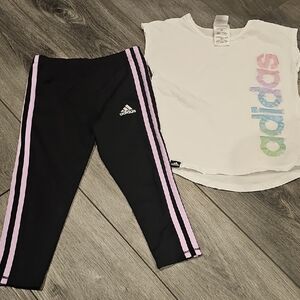 Adidas Kids Black Leggings with Pink Stripes And Top